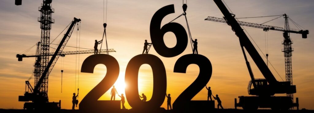 A photo of cranes setting up the numbers 2026.