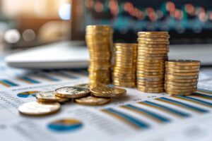 Coins and money on financial papers on a desk.