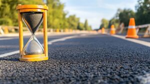 An image of an hourglass on a road under construction.