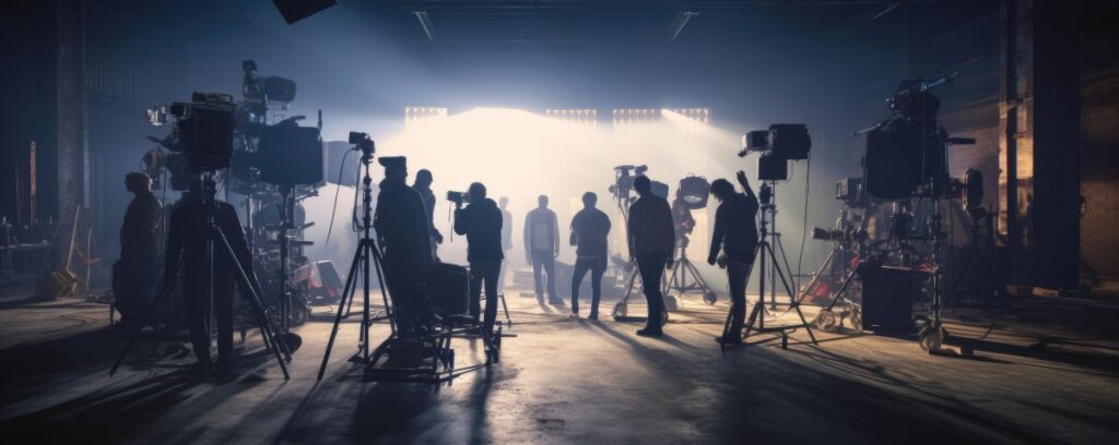 Silhouette people working in studio with equipment and lighting for making movie or commercial.