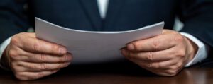 A businessman holding a white paper document.