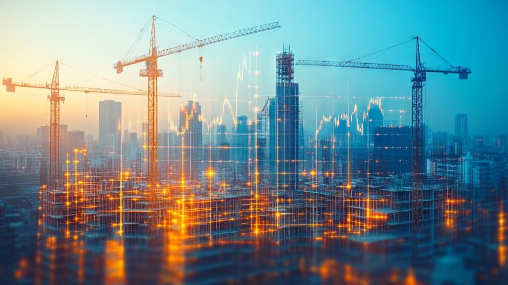 An image of a skyline with cranes and charts.