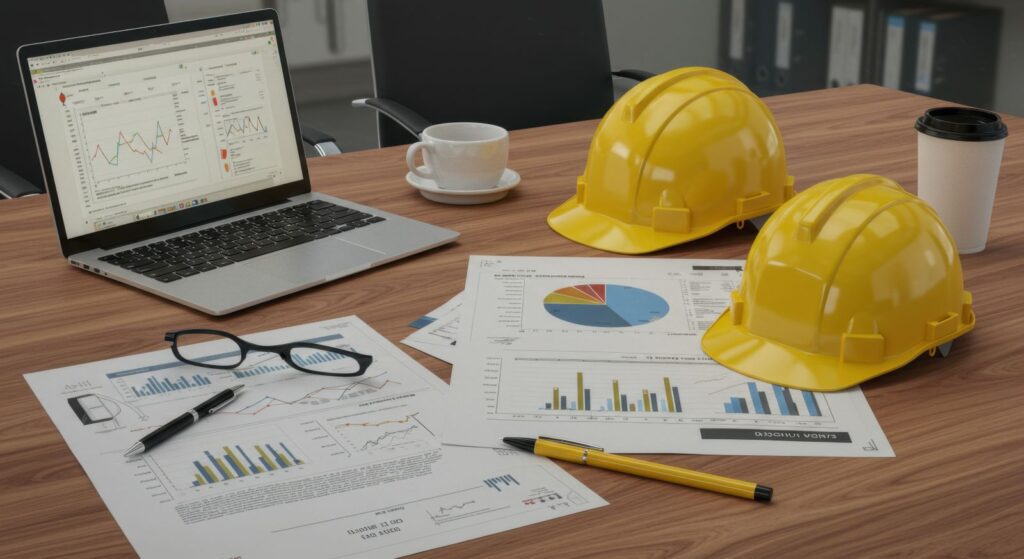 A phot of an office environment with Laptop, Hard Hat, and Documents.