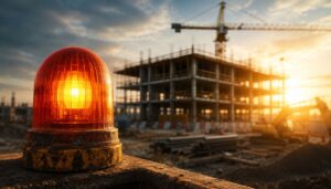 A photo of a warning light in front of a construction site.